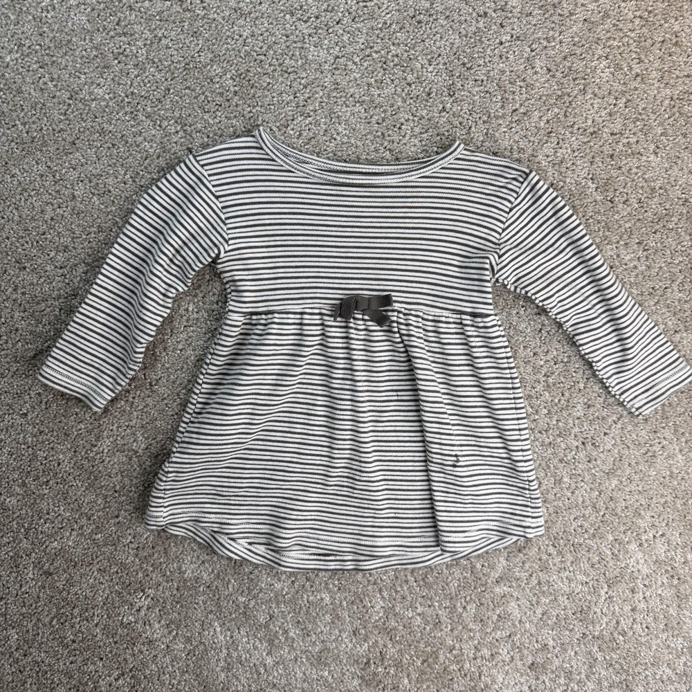 Touched By Nature Dress Girls 3T Gray Striped Long Sleeve Organic Cotton Bow